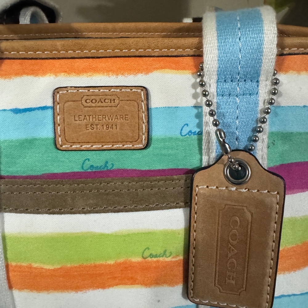 Coach Multicolor Stripe Tote — Green, Pink, Blue, Tan